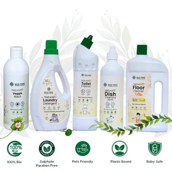 Eco Root natural cleaning product set: Veggie wash, laundry detergent, toilet cleaner, dish liquid, and floor cleaner.