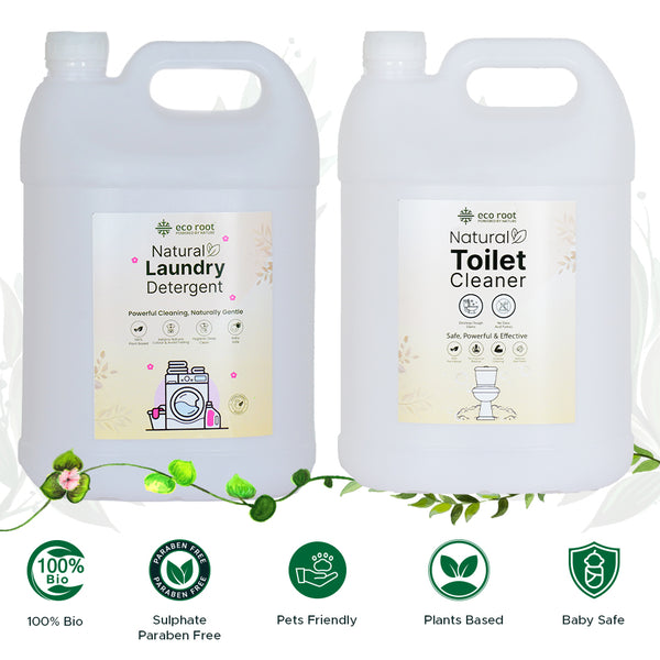 Eco Root Natural Laundry Detergent and Toilet Cleaner in white plastic jugs. Eco-friendly, plant-based cleaning products.