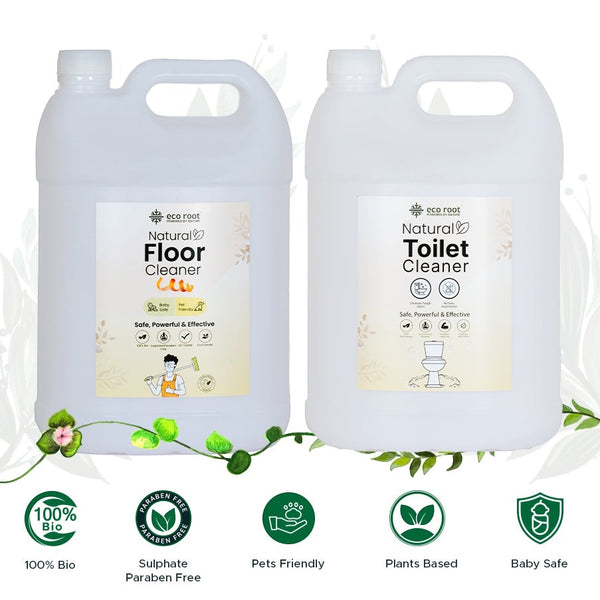 Ecoroot Natural Floor Cleaner and Toilet Cleaner 5L bottles. Plant-based, safe for pets and babies.