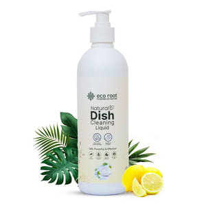 Ecoroot Natural Dishwashing Liquid with Lemon & Coconut formula in a white pump bottle, surrounded by green leaves and lemons.