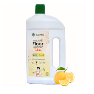 Ecoroot Natural Floor Cleaner bottle with green cap, featuring lemon illustrations. Safe for kids and pets.