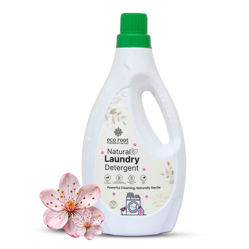 Ecoroot Natural Laundry Detergent in a white bottle with a green cap, featuring rose fragrance and bio-enzyme formula. Safe for baby clothes.