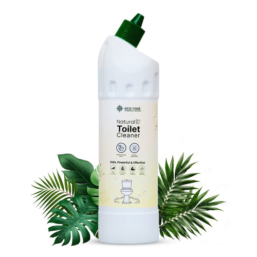 Ecoroot Natural Toilet Cleaner bottle with green cap, surrounded by tropical leaves. Safe, powerful, and effective plant-based formula.